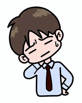 寝違えて首が痛くて… 男性,シャツ,ネクタイ,困る,悩む,かしげる,辛い,痛いのイラスト素材