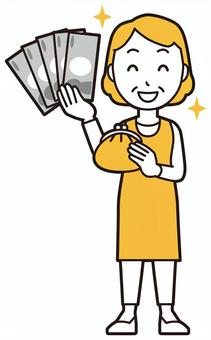  エプロンおばちゃん(黄)-092-全身 財布,おばちゃん,エプロン,お母さん,ママ,中年,おばさん,主婦,人物,かわいいのイラスト素材