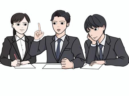 真面目に会議をするスーツ姿の３人 真面目,会議,スーツ,男性,女性,ビジネス,頬杖,指差し,ミーティング,プレゼンのイラスト素材