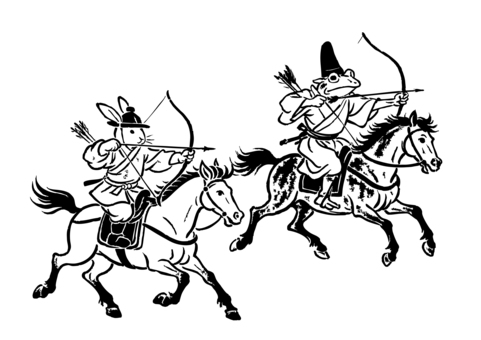 鳥獣戯画風流鏑馬の年賀状素材兎・蛙 馬,ウマ,動物,干支,2026,2026年,令和8年,カエル,流鏑馬,年賀状のイラスト素材
