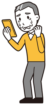  ニット中年男性(黄)-046-全身 スマホ,泣く,おじさん,男性,中年,お父さん,パパ,シニア,ミドルエイジ,人物のイラスト素材