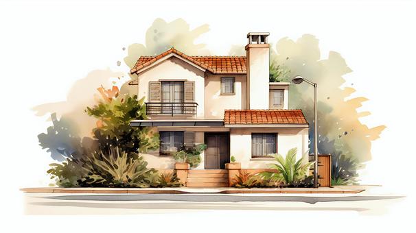 家イラスト:水彩画風 家イラスト:水彩画風 家,一軒家,戸建てのイラスト素材