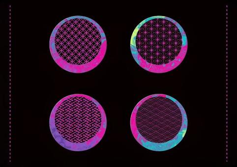 マーブル和柄のピンク円形フレームセット フレーム,飾り枠,デザイン,エレメント,流体,リキッド,和柄,円形,丸,ピンクのイラスト素材