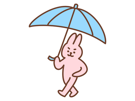 水色の傘をさして歩く　ウサギ うさぎ,傘,カサ,雨の日,雨,水色,ピンク,お出かけ,歩く,全身のイラスト素材
