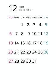 2026年12月カレンダー_縦長 カレンダー,2026,令和8年,12月,スケジュール,2026年,月間,日曜始まり,シンプル,縦長のイラスト素材