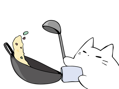 中華鍋調理 ねこ 中華鍋調理 ねこ ねこ,白猫,調理,料理,中華鍋,お玉,布巾,主線あり,イメージ,動物のイラスト素材