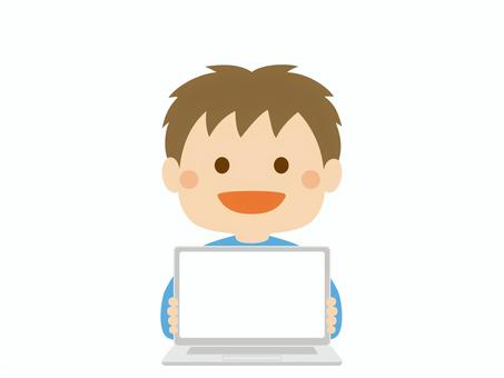 パソコンを操作するこども14_画面見せ こども,パソコン,男の子,見せる,画面,パソコン操作,笑顔,男児,児童,小学生のイラスト素材