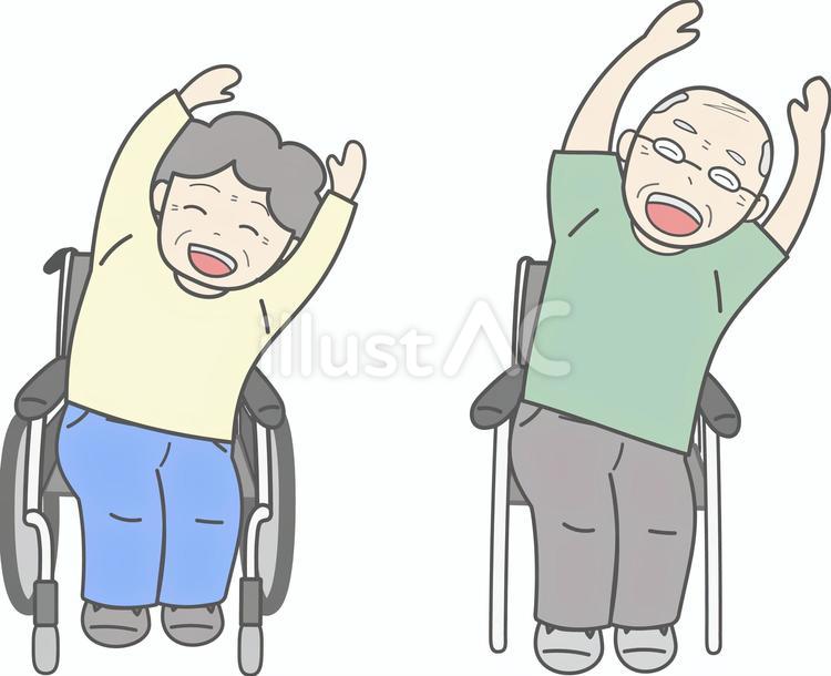 座って体操するおじいさんとおばあさん リハビリ,介護,車いすのイラスト素材
