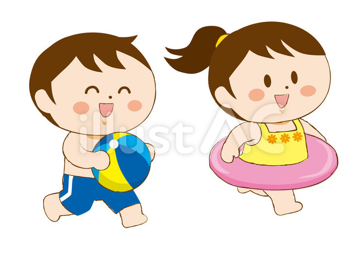 水着の子供 手書き風,男の子,女の子のイラスト素材