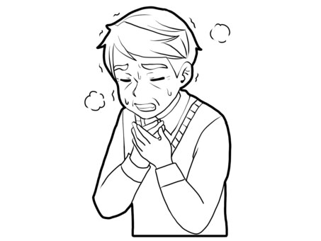 【白黒】息苦しい高齢者【線画】 体調不良,発作,動悸,苦しい,病気,冷や汗,高齢者,男性,寒気,震えのイラスト素材