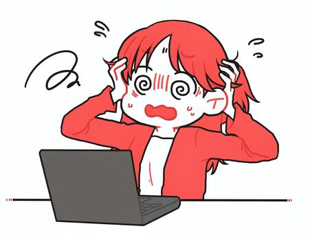 パソコンの前で慌てる女性 女性,表情,上半身,単色,赤,ハーフアップ,女の子,かわいい,シンプル,デフォルメのイラスト素材