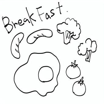 朝食　breakfast   白黒 朝食,breakfast,朝ごはん,ごはん,野菜,目玉焼き,トマト,ミニトマト,ブロッコリー,ウインナーのイラスト素材