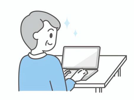 パソコンを操作する高齢者のイラスト05 人物,男性,老人,おじいさん,祖父,高齢者,白髪,カーディガン,パソコン,ノートパソコンのイラスト素材