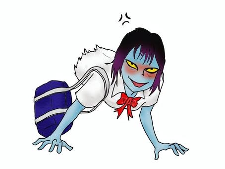 あっ、通学中なんだよっ 人物,高校生,女の子,妖怪,テケテケ,上半身,手書き,通学バッグ,怒り,通学中のイラスト素材