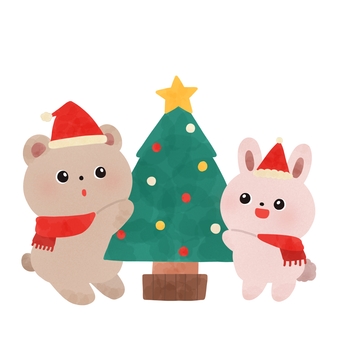 クリスマスツリーとくまうさ クリスマス,ツリー,くま,うさぎ,サンタ,帽子,マフラー,冬,動物,絵本のイラスト素材