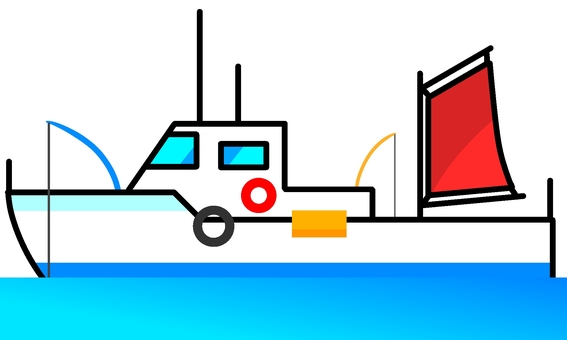 釣り船 船,漁船,船舶,釣り船,小型船,釣り竿,旗,海,蛍光色,デフォルメのイラスト素材