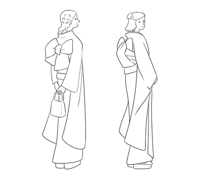 振袖着物 後ろ姿2人線画 振袖着物 後ろ姿2人線画 着物,振袖,後ろ,線画,成人式,初詣,パーティのイラスト素材