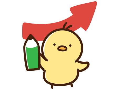 上向きの矢印をバックに鉛筆を持つひよこ ひよこ,鉛筆,矢印,アップ,勉強,動物,かわいい,ゆるい,手描き,手書きのイラスト素材