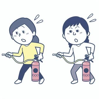 消火訓練をする日本人女性_淡色版 女性,20代,30代,40代,全身,消火器,消火活動,消防,消火,放水のイラスト素材