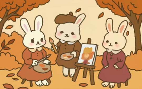 秋の絵画教室 秋,紅葉,落ち葉,芸術,アート,お絵描き,描画,イラスト,スケッチ,筆のイラスト素材