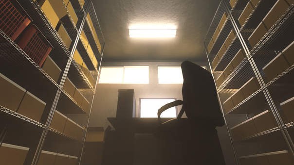 パソコンがある倉庫 倉庫,荷物,倉庫作業,段ボール,仕事,在庫,山積み,室内,物置,保管庫のイラスト素材