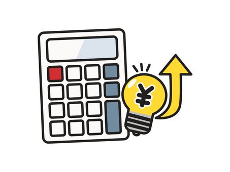 電気代アップ２黄　電球と電卓 電気代,アップ,高騰,料金,値上げ,インフレ,上向き,矢印,日本円,円マークのイラスト素材