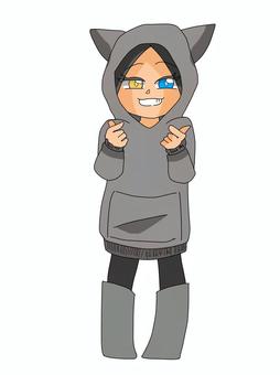 Illustration, kedi kulaklı kapüşonlu sweatshirt, kız, parmak kalp, 