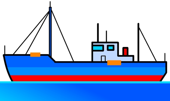 トロール船 船,船舶,トロール船,漁船,大型船,青色,海,蛍光色,デフォルメ,背景透過のイラスト素材