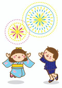 花火　ジャンプ 花火,子ども,楽しい,ジャンプ,祭り,綺麗,嬉しい,かわいい,夏,浴衣のイラスト素材