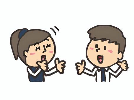 コミュニケーション コミュニケーション,男性,女性,会社,社内,会話,対話,笑顔,pop調,手描きのイラスト素材