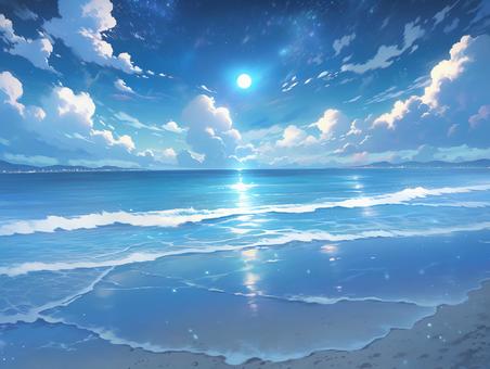 銀の月が水面を照らす凪いだ夜の海_背景画