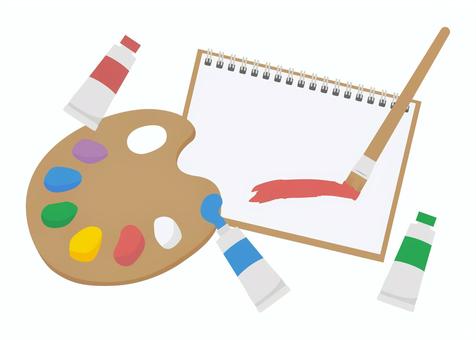 絵具とスケッチブックのお絵描き素材 画材,お絵描き,イラスト,美術,図工,スケッチブック,筆,パレット,絵具,デザインのイラスト素材