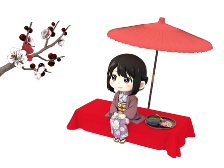 春の観梅の茶店の和菓子と抹茶と和服の女性 梅,抹茶,和菓子,春,和服,女性,茶店のイラスト素材