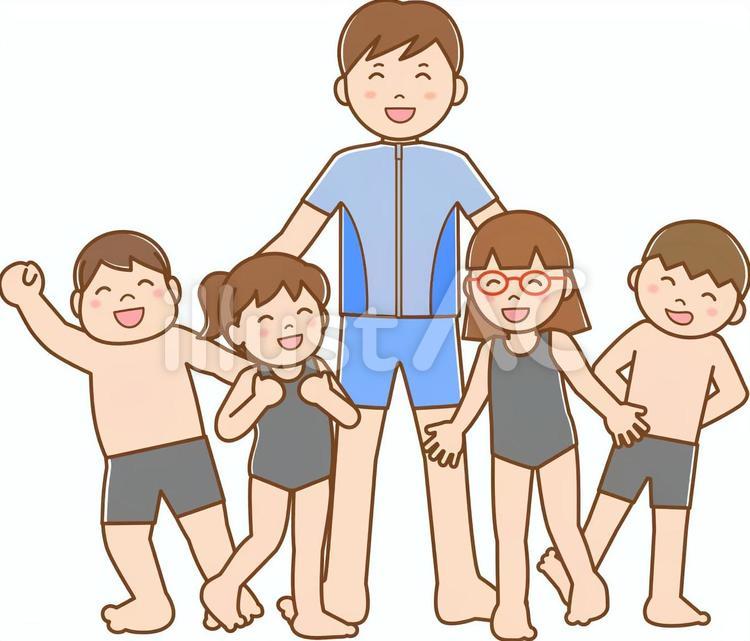 水着　男の先生と子供B　線あり スイミング,子供,先生のイラスト素材