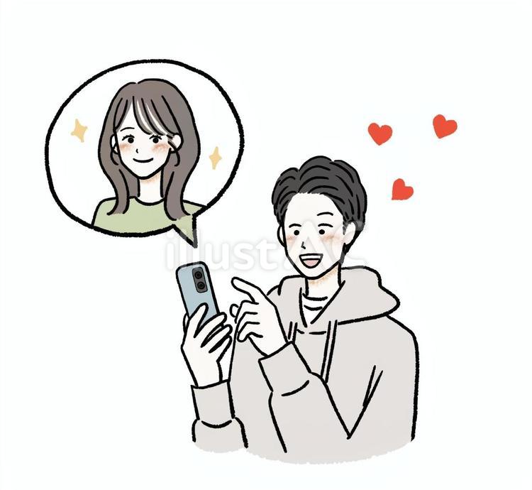 好きな女性とスマホでやりとりをする男性 マッチングアプリ,カップル,スマホのイラスト素材