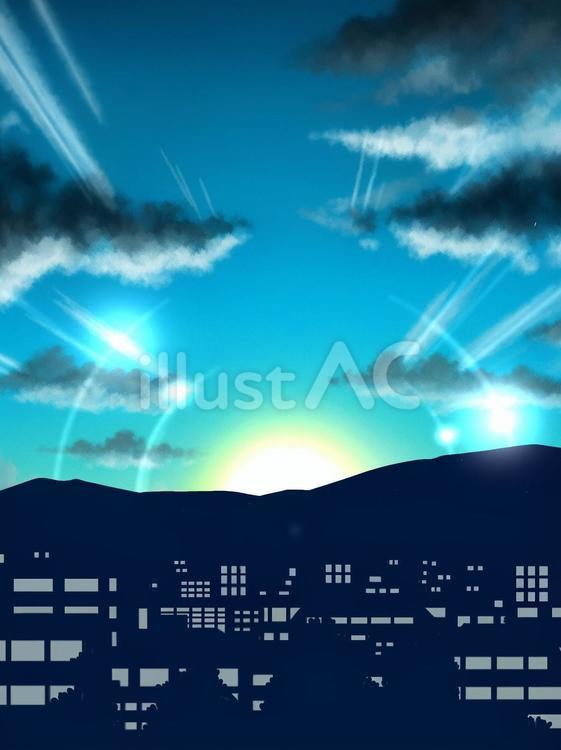 日の出の町並み 朝,日の出,朝日のイラスト素材