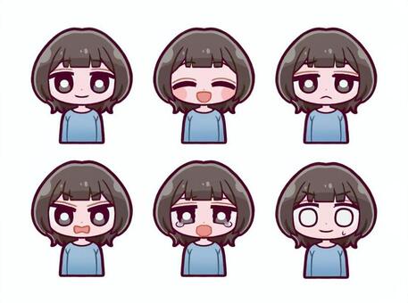 ショートヘアの女の子 表情6種類セット 女の子,表情,喜怒哀楽,顔,かわいい,デフォルメ,バストアップ,女,女性,感情表現のイラスト素材