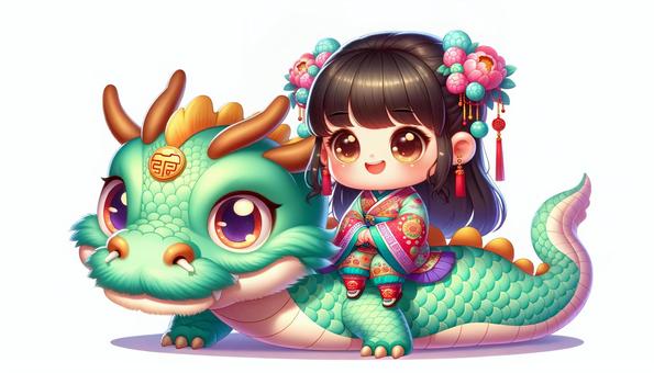 A friend above the clouds. A woman riding on the back of a dragon, chen, female, back, JPG and PNG