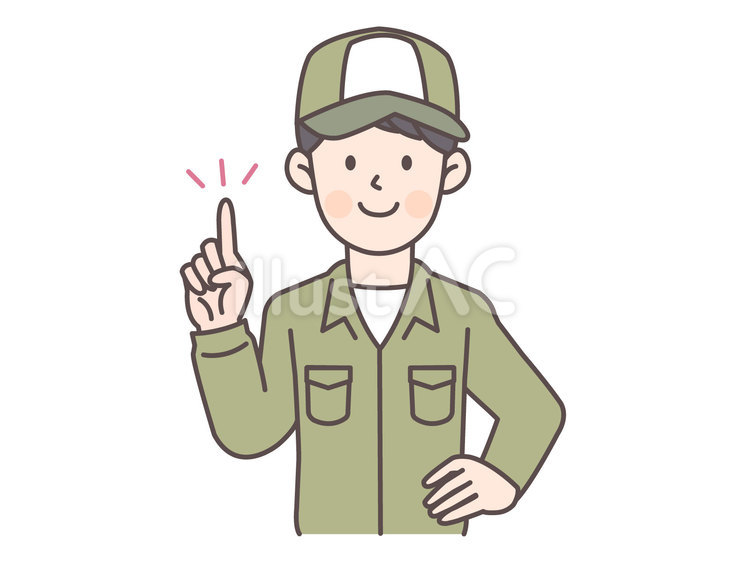 腰に手を当てて指差しする配達員男性 配送員,作業員,倉庫のイラスト素材