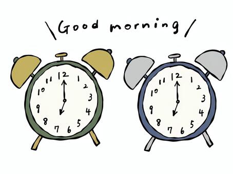 目覚まし時計のイラストセット 目覚まし時計,時計,アラーム,朝,レトロ,アンティーク,7時,ゴールド,シルバー,緑のイラスト素材