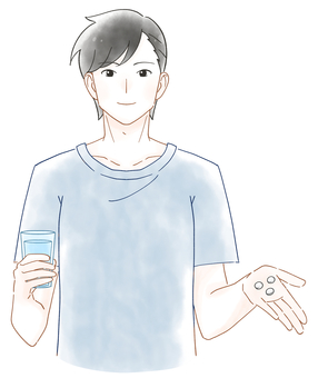 サプリを飲む男性の水彩風イラスト 飲む,サプリメント,薬,男性,笑顔,美容,ビューティー,ダイエット,健康,画像のイラスト素材