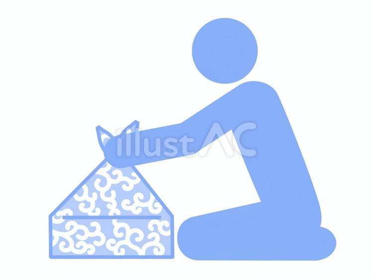 唐草模様の風呂敷で手荷物を包む人（水色） 人,人物,ピクトグラムのイラスト素材