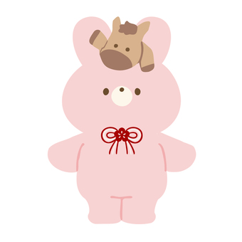 うさぎさんと頭の上にお馬さん うさぎ,動物,かわいい,リボン,馬,午年,ワンポイント,午,単体,飾りのイラスト素材