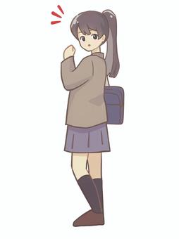 視線に気づく女の子 人物,全身,学生,女の子,黒髪,ポニーテール,制服,長袖,ブレザー,ベージュのイラスト素材