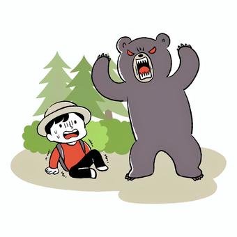山の中でクマと遭遇する人物 山の中でクマと遭遇する人物 クマ,遭遇,ヒグマ,襲う,恐怖,問題,危機,危険,立つ,慌てるのイラスト素材