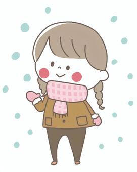 雪が降って嬉しい女の子 女の子,シンプル,かわいい,雪,マフラー,コート,三つ編み,冬,手袋,防寒のイラスト素材