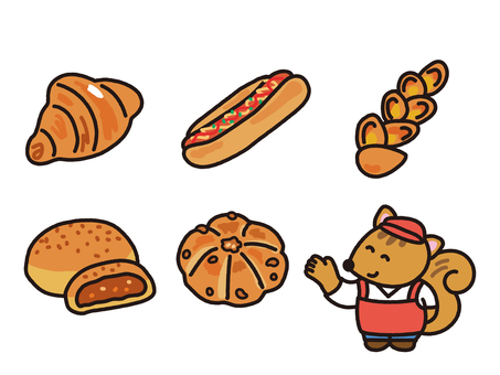 パン屋のスタッフりすと焼きたてパンセット パン屋のスタッフりすと焼きたてパンセット リス,小動物,動物,シマリス,クロワッサン,ソーセージパン,ホットドッグ,ウインナー,ソーセージ,ベーコンエピのイラスト素材