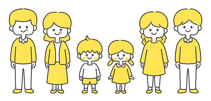 横並びの三世代家族_全身（黄色） 家族,親子,三世代,お父さん,お母さん,子ども,おじいちゃん,おばあちゃん,両親,夫のイラスト素材
