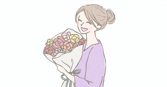 花束を貰って喜ぶ女性｜SNSサイズ 女の子,女子,女性,ol,花束,花,ブーケ,プレゼント,お祝い,記念日のイラスト素材