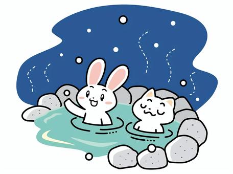うさぎさんとねこさんの冬の温泉 ウサギ,ネコ,温泉,冬,雪,露天風呂,お風呂,温泉旅行,入浴,かわいいのイラスト素材